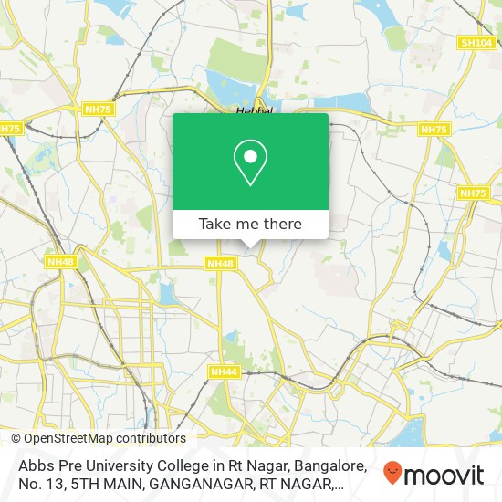 Abbs Pre University College in Rt Nagar, Bangalore, No. 13, 5TH MAIN, GANGANAGAR, RT NAGAR, Bengalu map