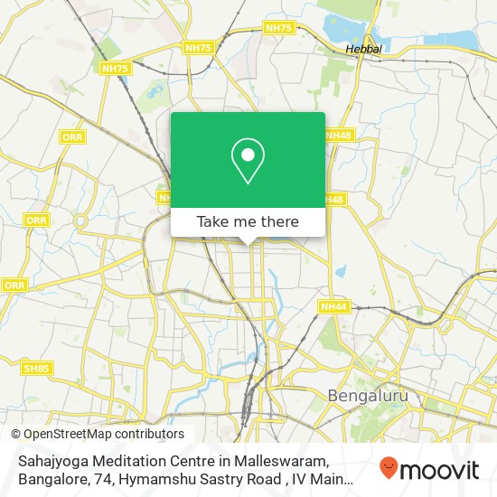 Sahajyoga Meditation Centre in Malleswaram, Bangalore, 74, Hymamshu Sastry Road , IV Main Road, Mal map