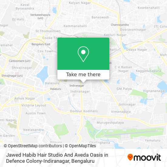 How to get to Jawed Habib Hair Studio And Aveda Oasis in Defence Colony- Indiranagar in Hoysala Nagar by Bus, Metro or Train?