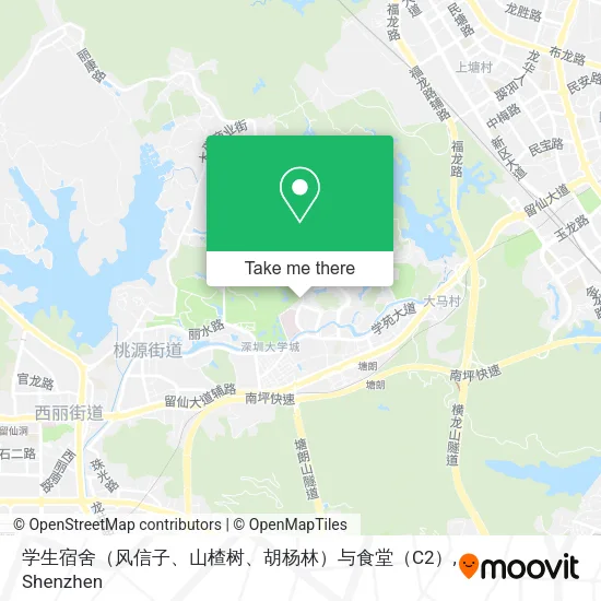 学生宿舍（风信子、山楂树、胡杨林）与食堂（C2） map
