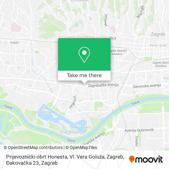Prijevoznički obrt Honesta, Vl. Vera Goluža, Zagreb, Đakovačka 23 map