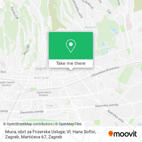 Muca, obrt za Frizerske Usluge, Vl. Hana Softić, Zagreb, Martićeva 67 map