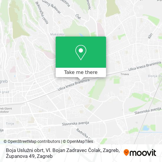 Boja Uslužni obrt, Vl. Bojan Zadravec Čolak, Zagreb, Županova 49 map