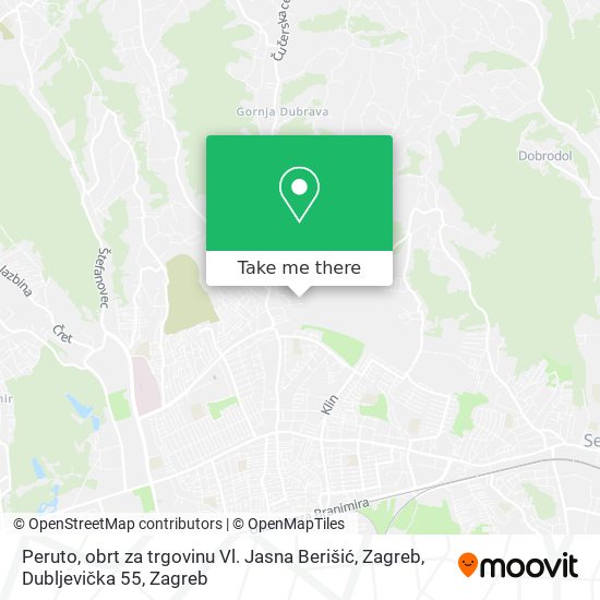 Peruto, obrt za trgovinu Vl. Jasna Berišić, Zagreb, Dubljevička 55 map