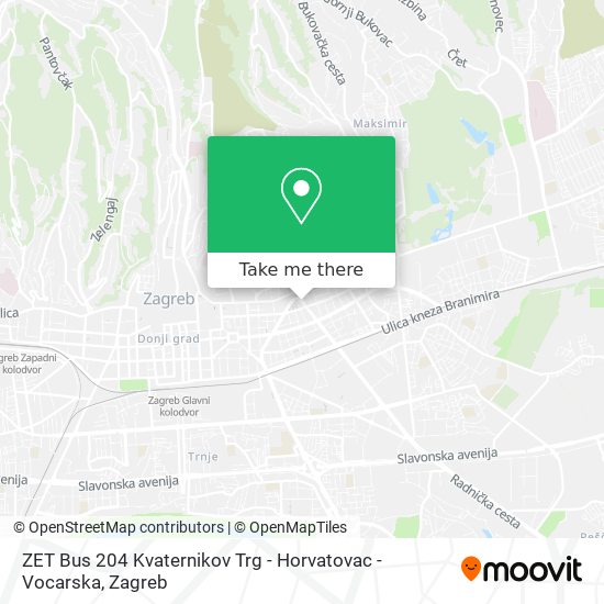 ZET Bus 204 Kvaternikov Trg - Horvatovac - Vocarska map