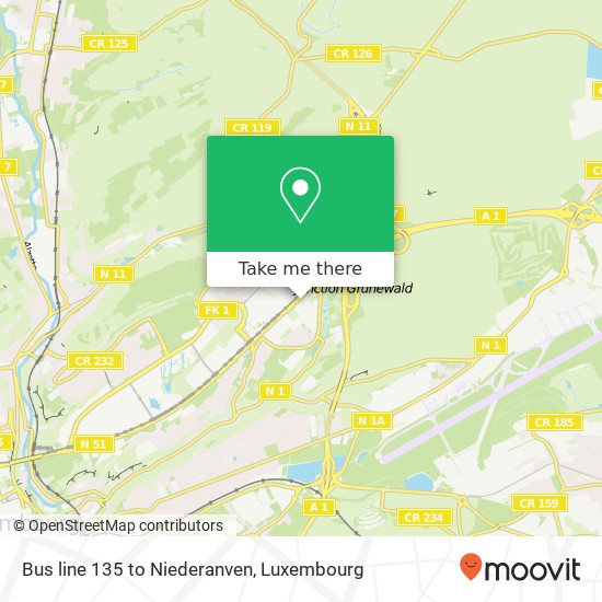 Bus line 135 to Niederanven map