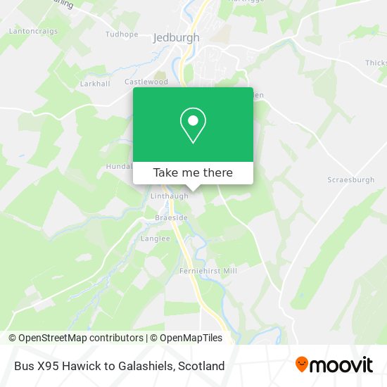 Bus X95 Hawick to Galashiels map
