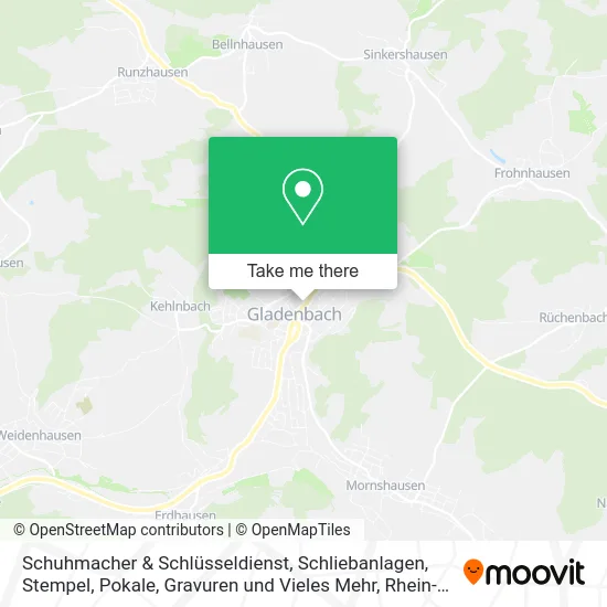 Карта Schuhmacher & Schlüsseldienst, Schliebanlagen, Stempel, Pokale, Gravuren und Vieles Mehr