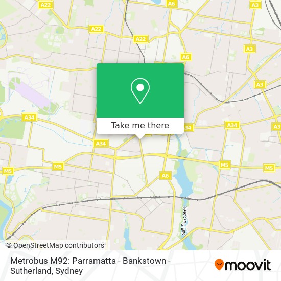 Mapa Metrobus M92: Parramatta - Bankstown - Sutherland