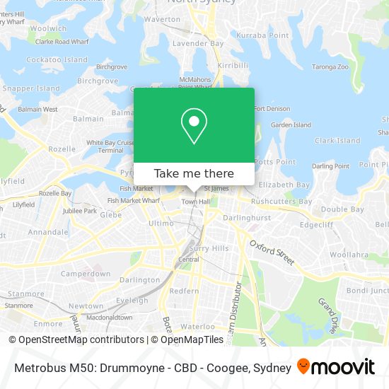 Mapa Metrobus M50: Drummoyne - CBD - Coogee