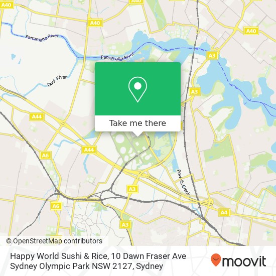 Mapa Happy World Sushi & Rice, 10 Dawn Fraser Ave Sydney Olympic Park NSW 2127