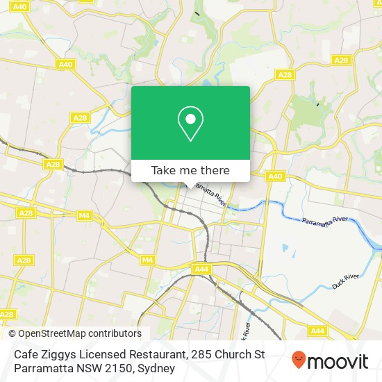 Mapa Cafe Ziggys Licensed Restaurant, 285 Church St Parramatta NSW 2150