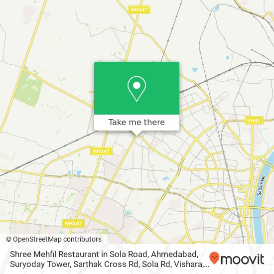 Shree Mehfil Restaurant in Sola Road, Ahmedabad, Suryoday Tower, Sarthak Cross Rd, Sola Rd, Vishara map