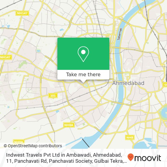Indwest Travels Pvt Ltd in Ambawadi, Ahmedabad, 11, Panchavati Rd, Panchavati Society, Gulbai Tekra map