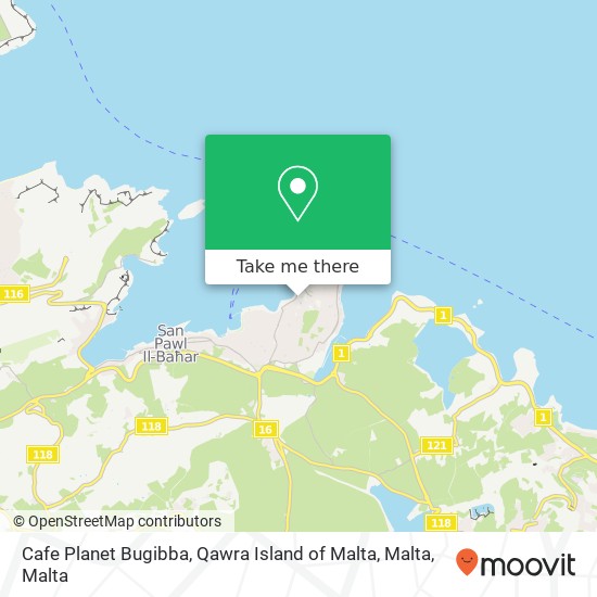 Cafe Planet Bugibba, Qawra Island of Malta, Malta map