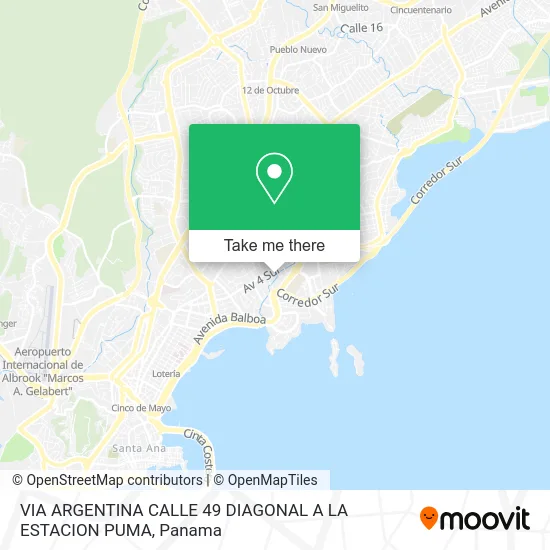 VIA ARGENTINA CALLE 49 DIAGONAL A LA ESTACION PUMA map