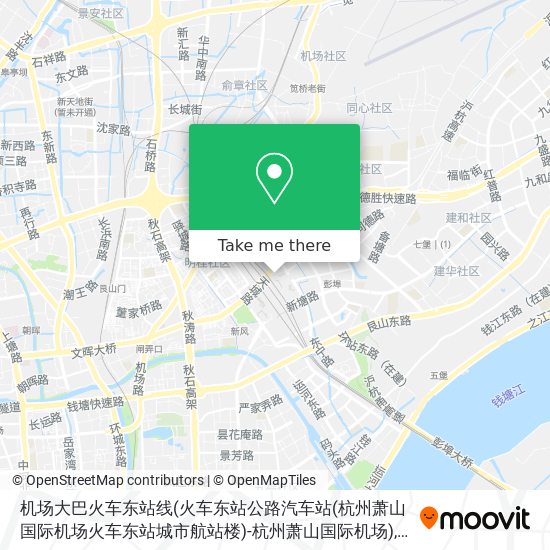 机场大巴火车东站线(火车东站公路汽车站(杭州萧山国际机场火车东站城市航站楼)-杭州萧山国际机场) map