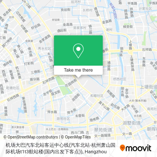 机场大巴汽车北站客运中心线(汽车北站-杭州萧山国际机场t1t3航站楼(国内出发下客点)) map