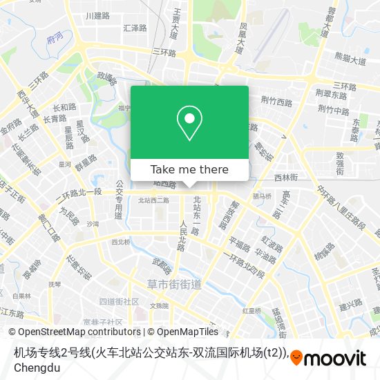 机场专线2号线(火车北站公交站东-双流国际机场(t2)) map