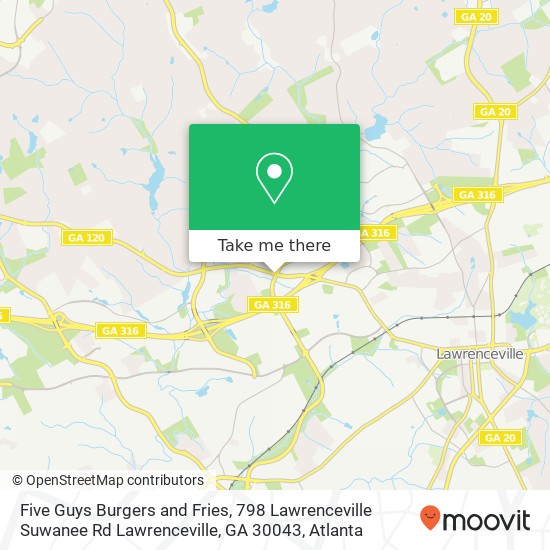 Mapa de Five Guys Burgers and Fries, 798 Lawrenceville Suwanee Rd Lawrenceville, GA 30043