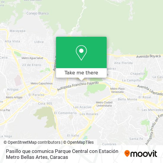 Pasillo que comunica Parque Central con Estación Metro Bellas Artes map