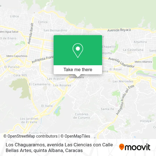 Mapa de Los Chaguaramos, avenida Las Ciencias con Calle Bellas Artes, quinta Albana