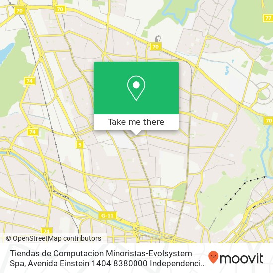Mapa de Tiendas de Computacion Minoristas-Evolsystem Spa, Avenida Einstein 1404 8380000 Independencia, Independencia, Región Metropolitana de Santiago