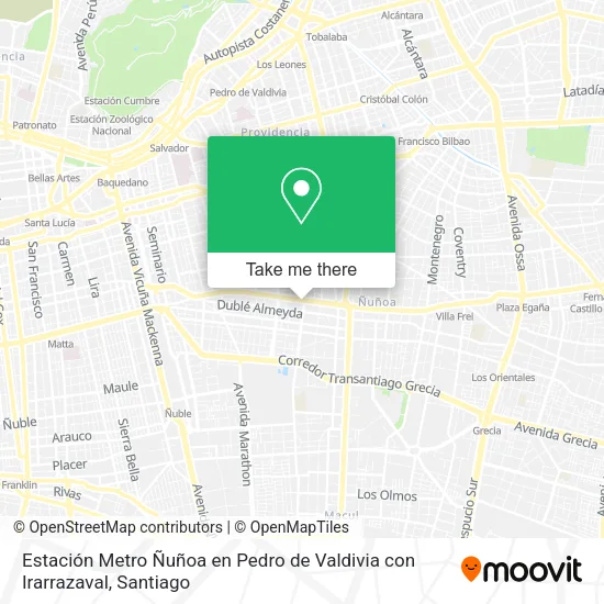Estación Metro Ñuñoa en Pedro de Valdivia con Irarrazaval map