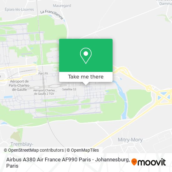 Airbus A380 Air France AF990 Paris - Johannesburg map