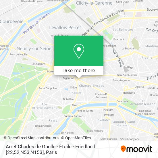 Arrêt Charles de Gaulle - Étoile - Friedland [22,52,N53,N153] map