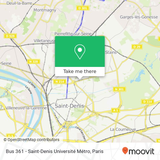 Mapa Bus 361 - Saint-Denis Université Métro
