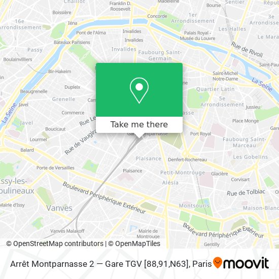 Mapa Arrêt Montparnasse 2 — Gare TGV [88,91,N63]
