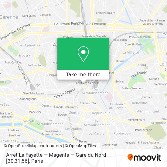 Mapa Arrêt La Fayette — Magenta — Gare du Nord [30,31,56]