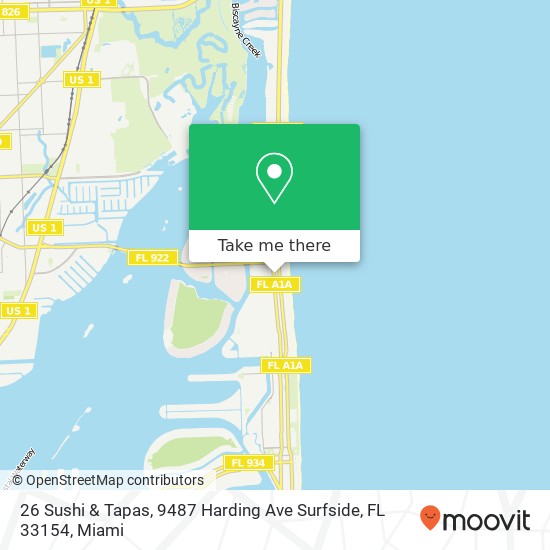 Mapa de 26 Sushi & Tapas, 9487 Harding Ave Surfside, FL 33154