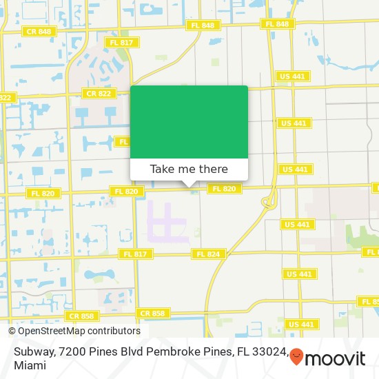 Mapa de Subway, 7200 Pines Blvd Pembroke Pines, FL 33024