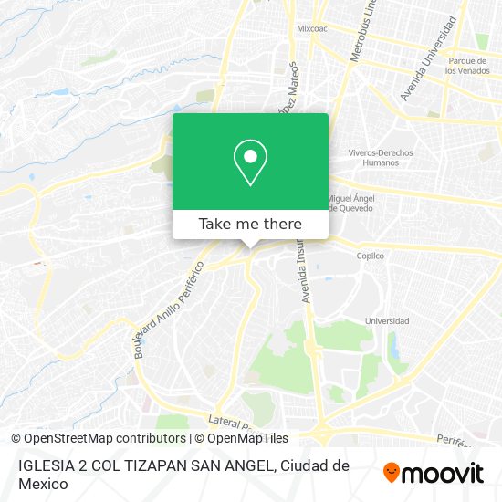 How to get to IGLESIA 2 COL TIZAPAN SAN ANGEL in Cuajimalpa De Morelos by  Bus or Metro?