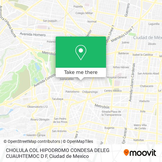 How to get to CHOLULA COL HIPODROMO CONDESA DELEG CUAUHTEMOC D F in Miguel  Hidalgo by Bus or Metro?