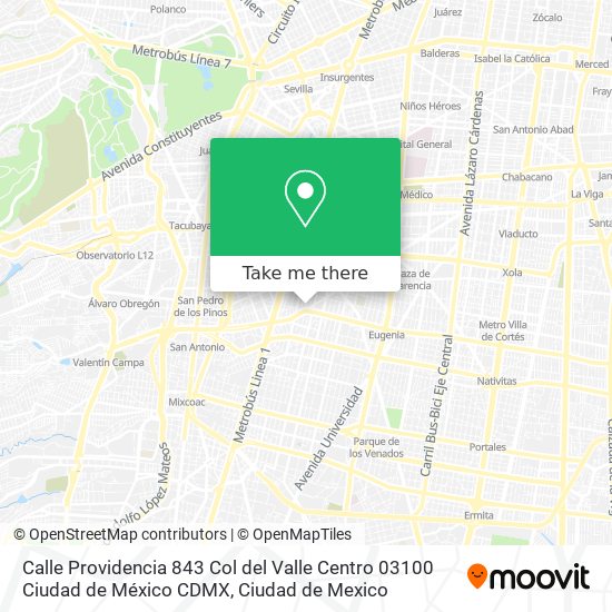 Mapa de Calle Providencia 843  Col del Valle Centro  03100 Ciudad de México  CDMX