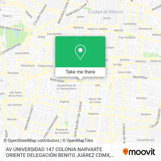 Mapa de AV  UNIVERSIDAD 147  COLONIA NARVARTE ORIENTE  DELEGACIÓN BENITO JUÁREZ  CDMX