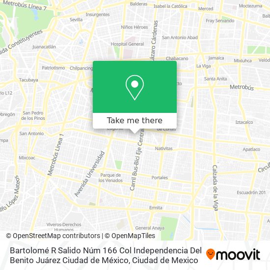 Mapa de Bartolomé R  Salido Núm  166  Col  Independencia  Del  Benito Juárez  Ciudad de México