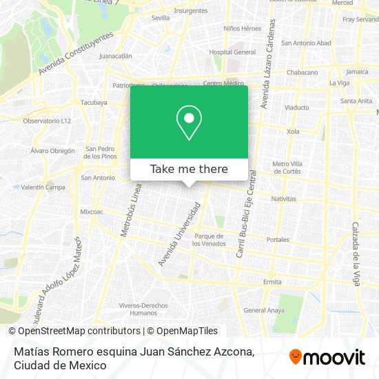 Matías Romero esquina Juan Sánchez Azcona map