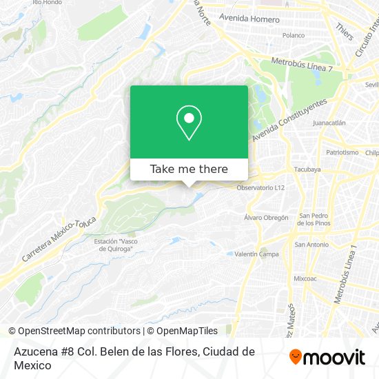 How to get to Azucena #8 Col. Belen de las Flores in Naucalpan De Juárez by  Bus or Metro?