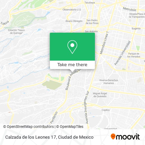 How to get to Calzada de los Leones 17 in Miguel Hidalgo by Bus or Metro?