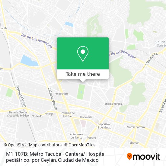 M1 107B: Metro Tacuba - Cantera/ Hospital pediátrico. por Ceylán map