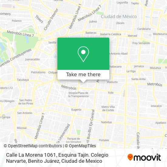 Mapa de Calle La Morena 1061, Esquina Tajín. Colegio Narvarte, Benito Juárez