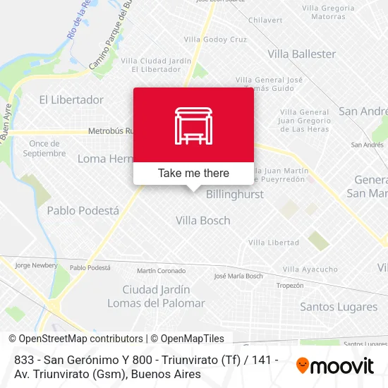 833 - San Gerónimo Y 800 - Triunvirato (Tf) / 141 - Av. Triunvirato (Gsm) map