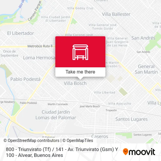 800 - Triunvirato (Tf) / 141 - Av. Triunvirato (Gsm) Y 100 - Alvear map