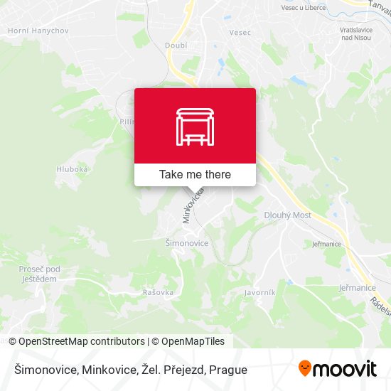 Карта Šimonovice, Minkovice, Žel. Přejezd