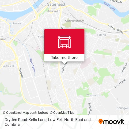 Dryden Road-Kells Lane, Low Fell map