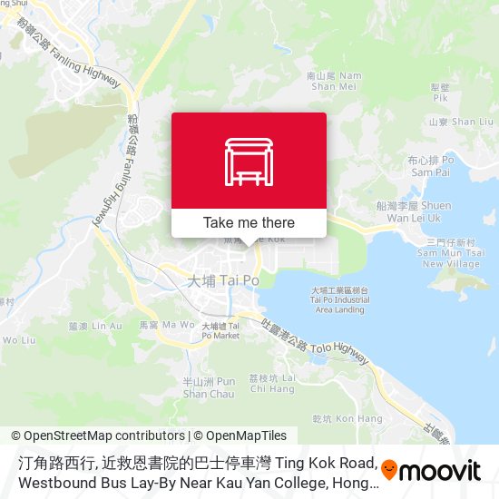 汀角路西行, 近救恩書院的巴士停車灣 Ting Kok Road, Westbound Bus Lay-By Near Kau Yan College map